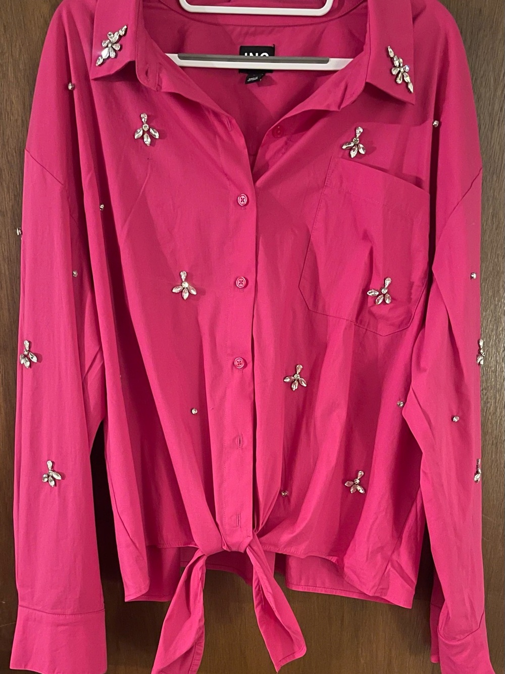 Pink Dragonfruit Embellished Women's Button-Up Tie Front Blouse BEST OFFER